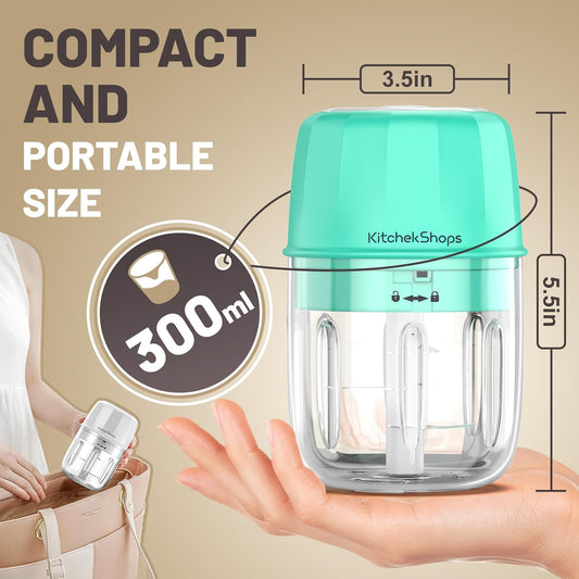 Rechargeable Portable and Cordless Mini Food Processor 300ML with Stainless Steel Blade, Electric Garlic Chopper Vegetable Chopper Blender for Nuts Chili Onion Minced Meat and Spices(Green)