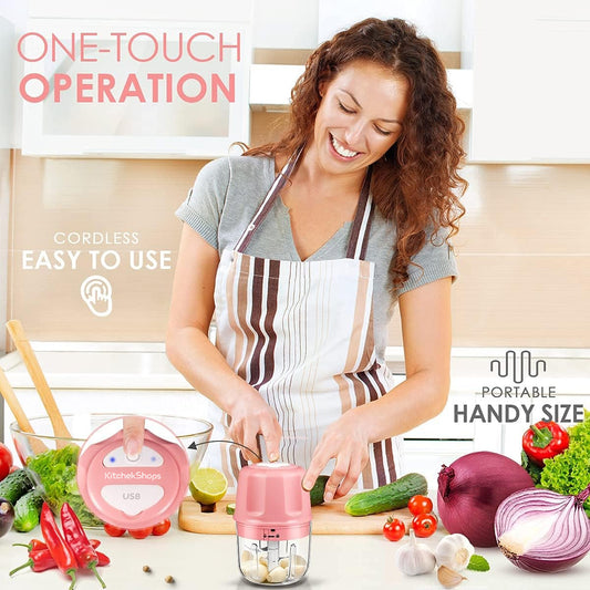 Electric Garlic Chopper, 300ML Portable Cordless Mini Food Processor, Rechargeable Vegetable Chopper Blender for Nuts Chili Onion Minced Meat and Spices (Pink)