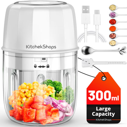 Electric Garlic Chopper, 300ML Portable Cordless Mini Food Processor, Rechargeable Vegetable Chopper Blender for Nuts Chili Onion Minced Meat and Spices (White)