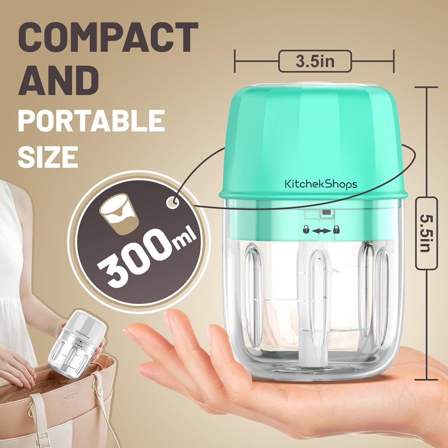 Rechargeable Portable and Cordless Mini Food Processor 300ML with Stainless Steel Blade, Electric Garlic Chopper Vegetable Chopper Blender for Nuts Chili Onion Minced Meat and Spices(Green)