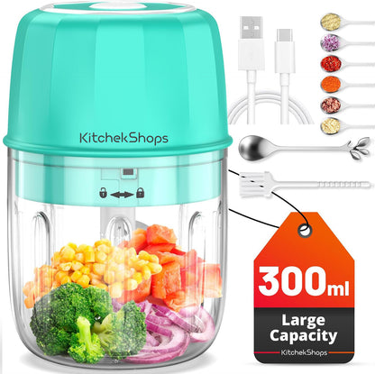 Rechargeable Portable and Cordless Mini Food Processor 300ML with Stainless Steel Blade, Electric Garlic Chopper Vegetable Chopper Blender for Nuts Chili Onion Minced Meat and Spices(Green)