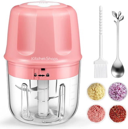 Electric Garlic Chopper, 300ML Portable Cordless Mini Food Processor, Rechargeable Vegetable Chopper Blender for Nuts Chili Onion Minced Meat and Spices (Pink)