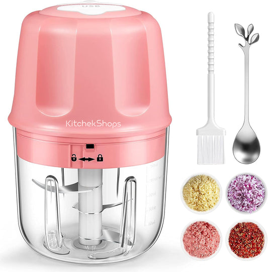 Electric Garlic Chopper, 300ML Portable Cordless Mini Food Processor, Rechargeable Vegetable Chopper Blender for Nuts Chili Onion Minced Meat and Spices (Pink)