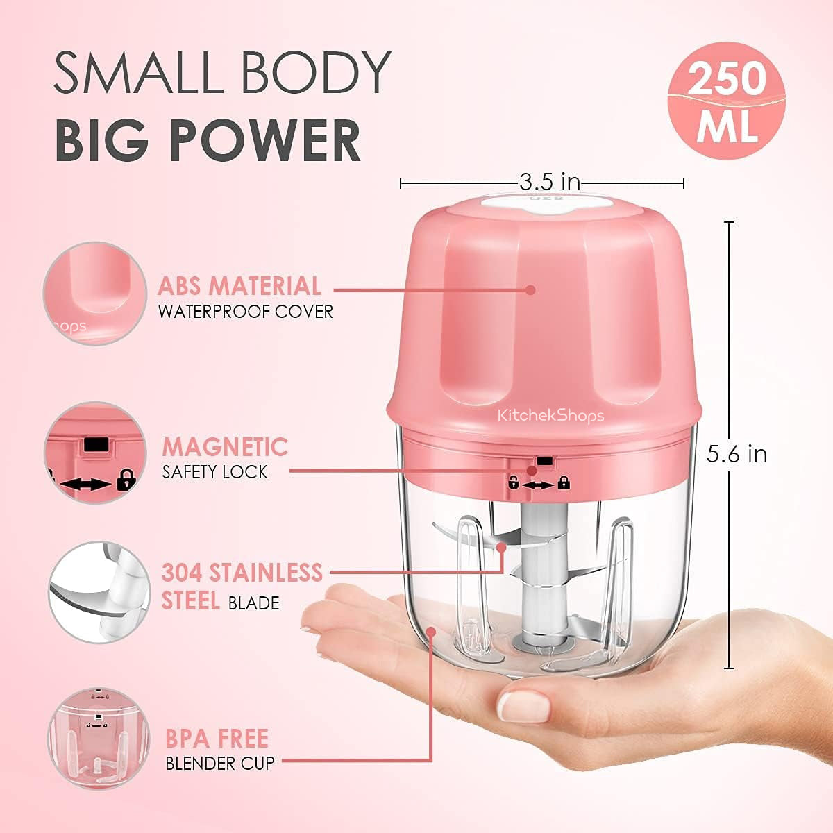 Electric Garlic Chopper, 300ML Portable Cordless Mini Food Processor, Rechargeable Vegetable Chopper Blender for Nuts Chili Onion Minced Meat and Spices (Pink)